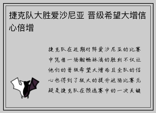 捷克队大胜爱沙尼亚 晋级希望大增信心倍增