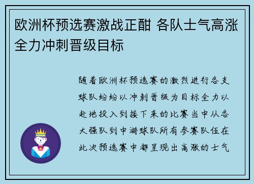 欧洲杯预选赛激战正酣 各队士气高涨全力冲刺晋级目标